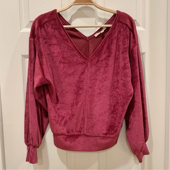Express Tops - ❤️ Red Off-the-Shoulder Double V-Neck Velour Sweatshirt